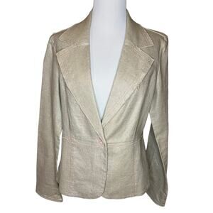 True Meaning Women’s Blazer Sz 12 Shimmery Gold Linen Blend Raw Hem Jacket